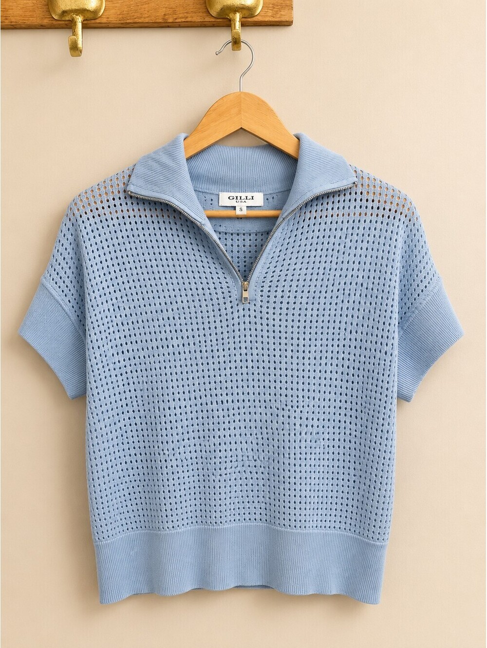 Ollie Light Blue Short Sleeve Knit Sweater with Half Zip Collar
